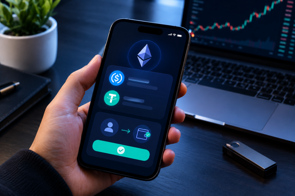 Wallet de criptomonedas en celular junto a Ethereum.