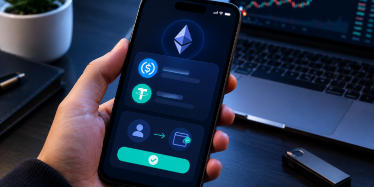 Wallet de criptomonedas en celular junto a Ethereum.