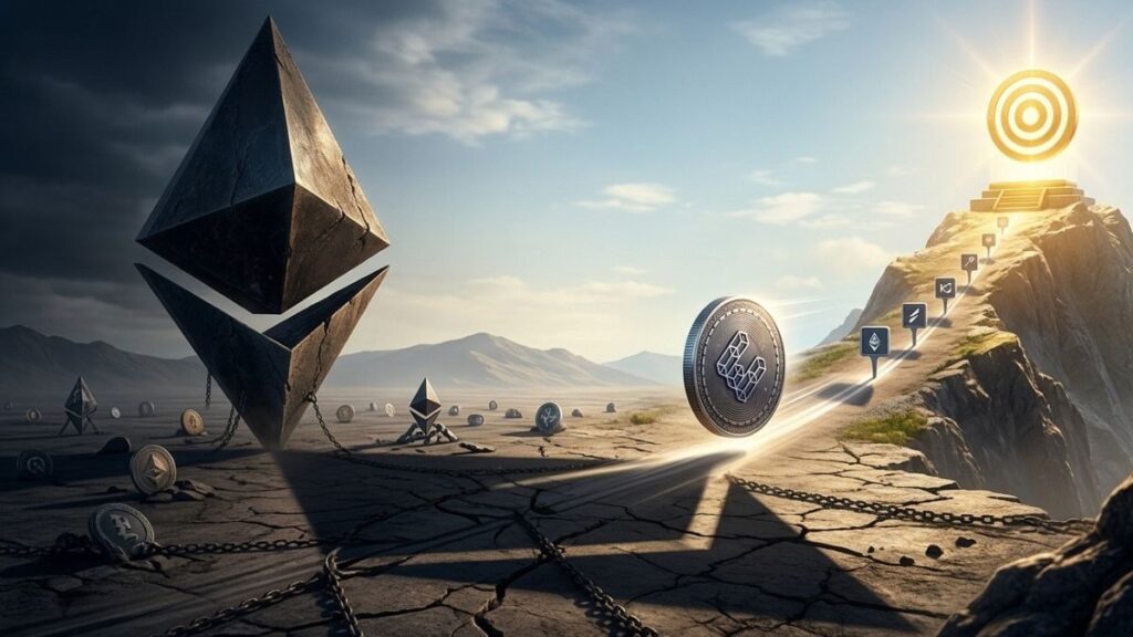 imagen de un paisaje con un camino que se abre ante el logo de Ethereum