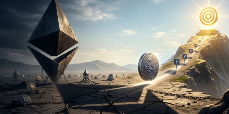 imagen de un paisaje con un camino que se abre ante el logo de Ethereum