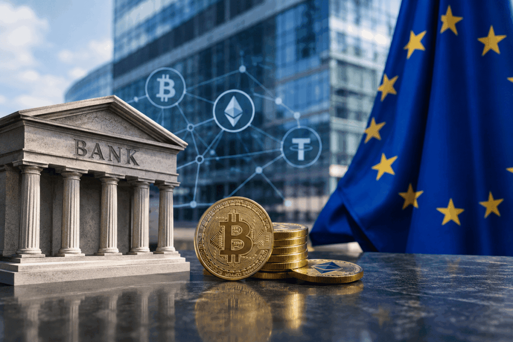 Imagen de un banco con la bandera de la Unión Europea y moneda de bitcoin y criptomonedas