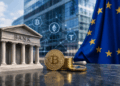 Imagen de un banco con la bandera de la Unión Europea y moneda de bitcoin y criptomonedas