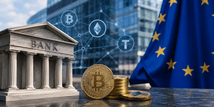 Imagen de un banco con la bandera de la Unión Europea y moneda de bitcoin y criptomonedas