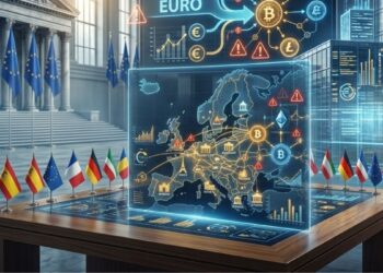 Mapa holográfico de Europa con datos de criptomonedas y alertas de riesgo sobre una mesa de análisis financiero con banderas europeas.