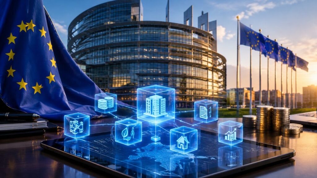 Edificio del Parlamento Europeo junto a una bandera de la Unión Europea y una tablet digital que muestra un mapa interconectado con iconos de finanzas, tecnología y regulación.