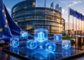 Edificio del Parlamento Europeo junto a una bandera de la Unión Europea y una tablet digital que muestra un mapa interconectado con iconos de finanzas, tecnología y regulación.