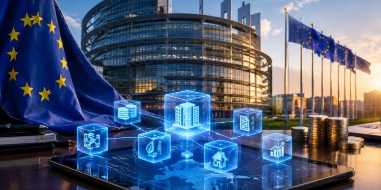 Edificio del Parlamento Europeo junto a una bandera de la Unión Europea y una tablet digital que muestra un mapa interconectado con iconos de finanzas, tecnología y regulación.