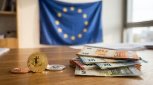 Bitcoin al lado de euros en efectivo y la bandera de la UE detrás.