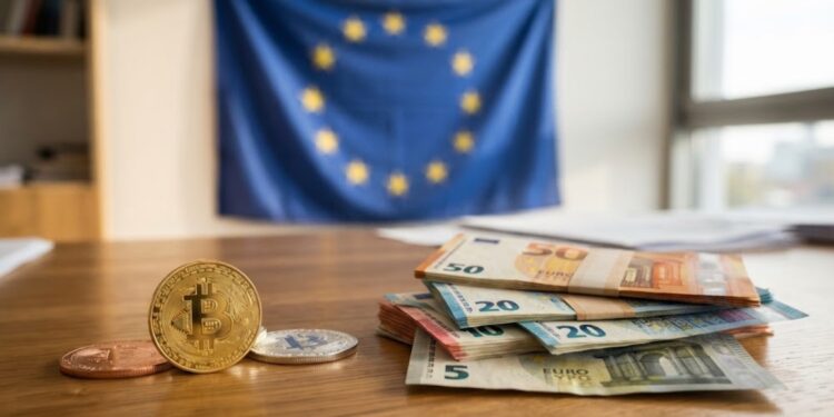 Bitcoin al lado de euros en efectivo y la bandera de la UE detrás.