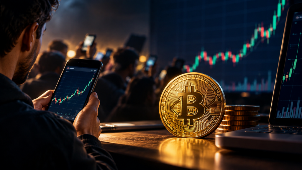 Inversor analizando un gráfico alcista de bitcoin en su teléfono móvil junto a una moneda dorada de Bitcoin y pantallas de trading.