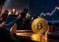 Inversor analizando un gráfico alcista de bitcoin en su teléfono móvil junto a una moneda dorada de Bitcoin y pantallas de trading.
