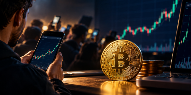 Inversor analizando un gráfico alcista de bitcoin en su teléfono móvil junto a una moneda dorada de Bitcoin y pantallas de trading.