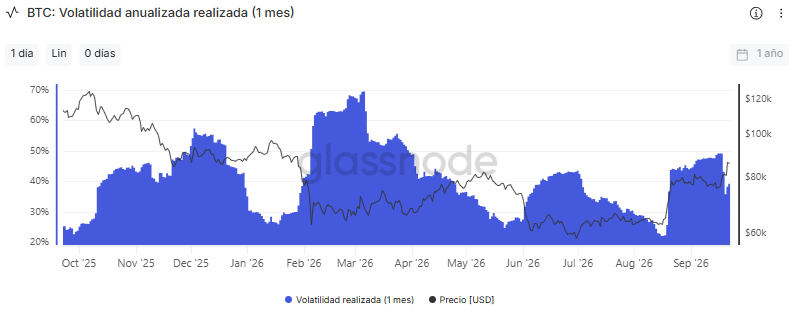 Gráfico que muestra la volatilidad realizada de bitcoin