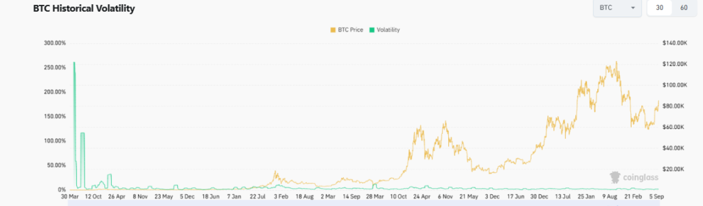 Gráfico que muestra la volatilidad histórica de bitcoin.