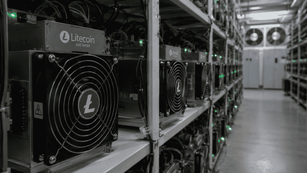 Interior de una granja de minería de Litecoin.