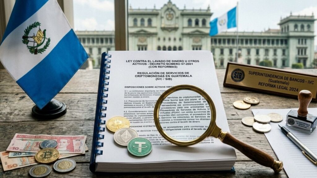 un escritorio de madera con un libro legal, una lupa enfocando el documento, monedas de criptomonedas (Bitcoin y Ethereum) y la bandera de Guatemala.