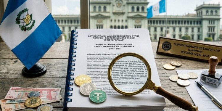 un escritorio de madera con un libro legal, una lupa enfocando el documento, monedas de criptomonedas (Bitcoin y Ethereum) y la bandera de Guatemala.
