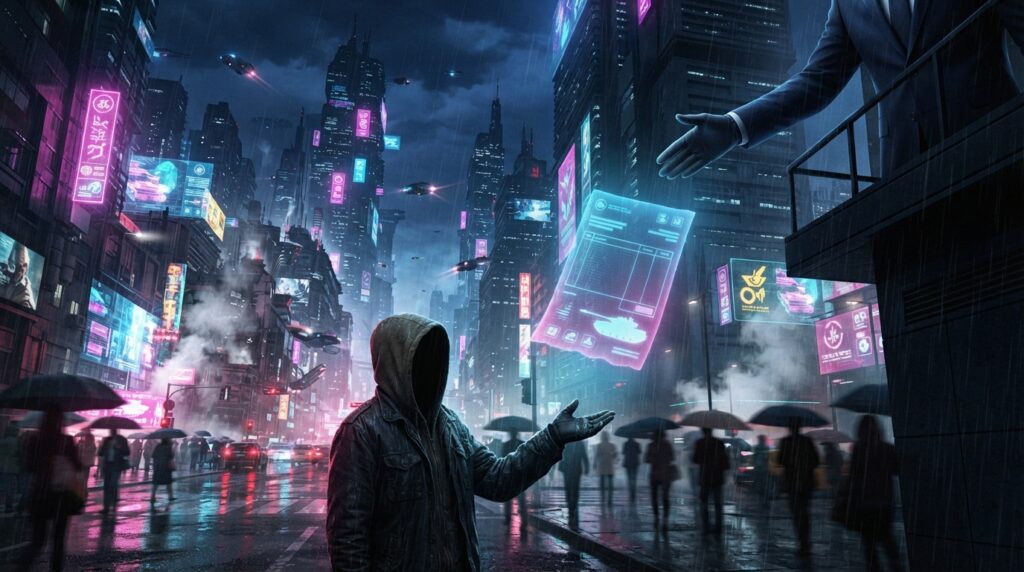 Cyberpunk digital art, 16:9. Rain-soaked neon city street at night, towering megastructures with glowing magenta and cyan signage without readable text. From a high balcony of a corporate tower, a faceless hand in a sleek dark suit projects a glowing holographic invoice that floats down through the rain. Below, an ordinary worker in a worn hooded jacket, face hidden, holds out an open palm to receive it. The hologram shows only blank lines and a small glowing silhouette of a military tank where the total would be. Wet reflective asphalt, volumetric fog, dramatic neon rim lighting, high detail, cinematic composition. No readable text, no logos.