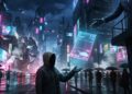 Cyberpunk digital art, 16:9. Rain-soaked neon city street at night, towering megastructures with glowing magenta and cyan signage without readable text. From a high balcony of a corporate tower, a faceless hand in a sleek dark suit projects a glowing holographic invoice that floats down through the rain. Below, an ordinary worker in a worn hooded jacket, face hidden, holds out an open palm to receive it. The hologram shows only blank lines and a small glowing silhouette of a military tank where the total would be. Wet reflective asphalt, volumetric fog, dramatic neon rim lighting, high detail, cinematic composition. No readable text, no logos.