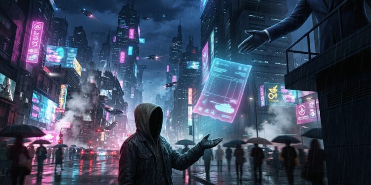 Cyberpunk digital art, 16:9. Rain-soaked neon city street at night, towering megastructures with glowing magenta and cyan signage without readable text. From a high balcony of a corporate tower, a faceless hand in a sleek dark suit projects a glowing holographic invoice that floats down through the rain. Below, an ordinary worker in a worn hooded jacket, face hidden, holds out an open palm to receive it. The hologram shows only blank lines and a small glowing silhouette of a military tank where the total would be. Wet reflective asphalt, volumetric fog, dramatic neon rim lighting, high detail, cinematic composition. No readable text, no logos.