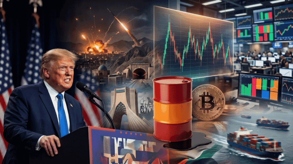 Trump hablando, gráfico genérico de precio, barril de petróleo, paisaje de irán y moneda de bitcoin.