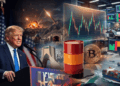 Trump hablando, gráfico genérico de precio, barril de petróleo, paisaje de irán y moneda de bitcoin.