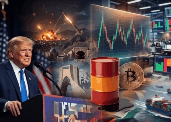 Trump hablando, gráfico genérico de precio, barril de petróleo, paisaje de irán y moneda de bitcoin.