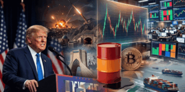 Trump hablando, gráfico genérico de precio, barril de petróleo, paisaje de irán y moneda de bitcoin.