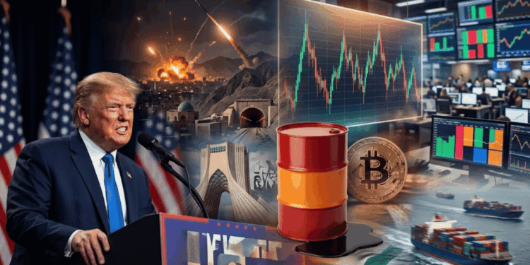 Trump hablando, gráfico genérico de precio, barril de petróleo, paisaje de irán y moneda de bitcoin.