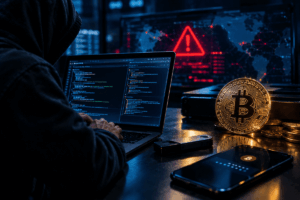Hacker frente a un computador junto a una billetera de Bitcoin vulnerada.