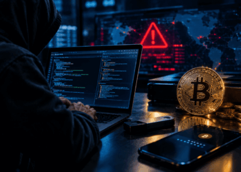 Hacker frente a un computador junto a una billetera de Bitcoin vulnerada.