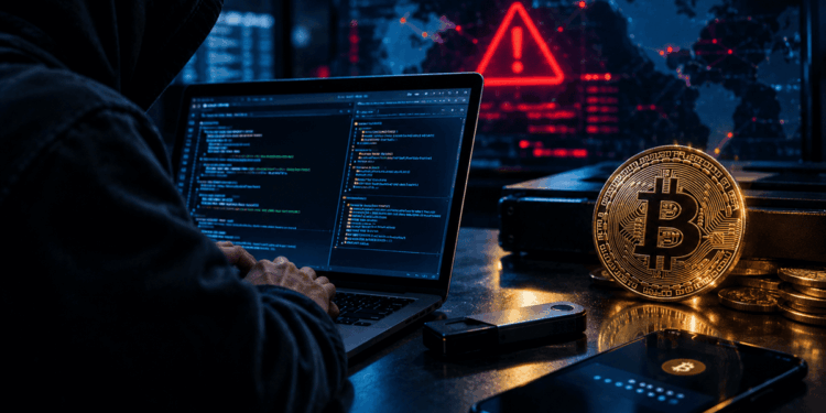 Hacker frente a un computador junto a una billetera de Bitcoin vulnerada.