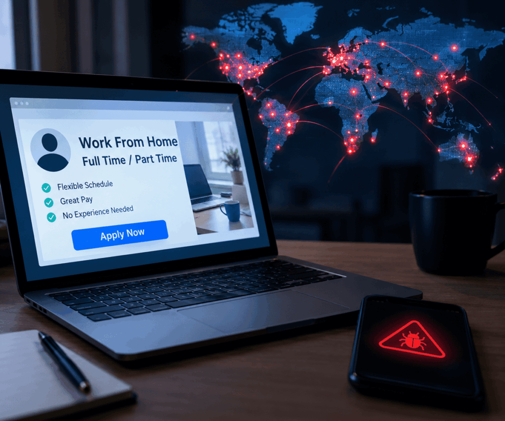 Laptop con falsa oferta laboral y celular infectado, mientras un mapa mundial refleja el alcance de una campaña de malware.