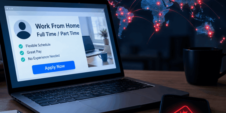 Laptop con falsa oferta laboral y celular infectado, mientras un mapa mundial refleja el alcance de una campaña de malware.