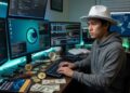Un hacker con sombrero blanco, monedas de bitcoin alrededor, dólares, y el logo de Liquid en una computadora.
