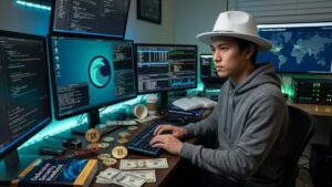 Un hacker con sombrero blanco, monedas de bitcoin alrededor, dólares, y el logo de Liquid en una computadora.