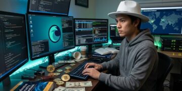 Un hacker con sombrero blanco, monedas de bitcoin alrededor, dólares, y el logo de Liquid en una computadora.