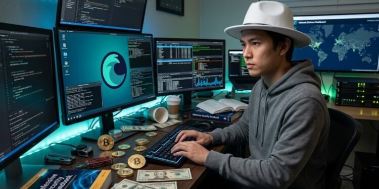 Un hacker con sombrero blanco, monedas de bitcoin alrededor, dólares, y el logo de Liquid en una computadora.
