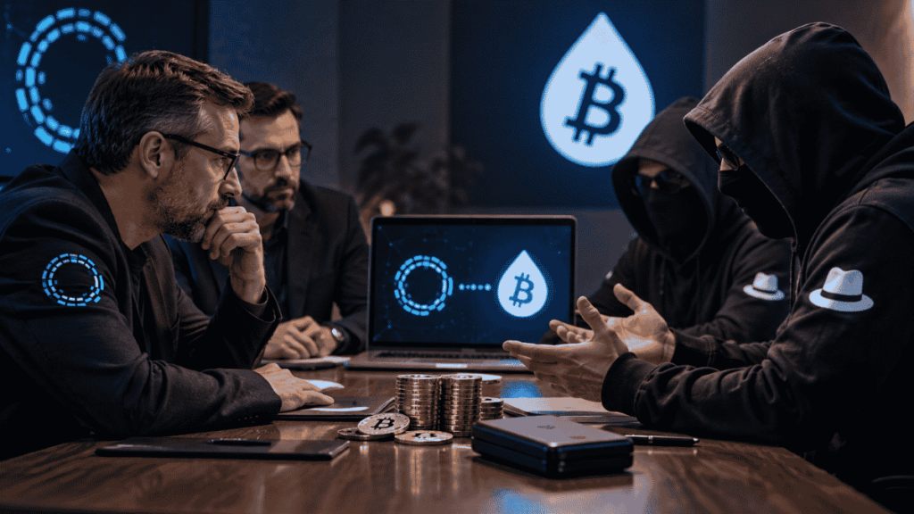 Miembros de Blockstream y hackers sentados en una mesa de negociación.