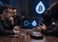 Miembros de Blockstream y hackers sentados en una mesa de negociación.