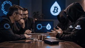 Miembros de Blockstream y hackers sentados en una mesa de negociación.