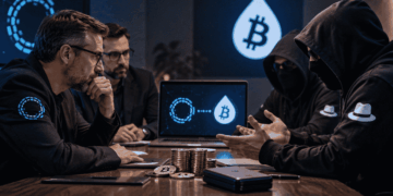 Miembros de Blockstream y hackers sentados en una mesa de negociación.