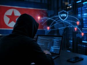 hacker con computadora portatil y una bandera de Corea del Norte de fondo