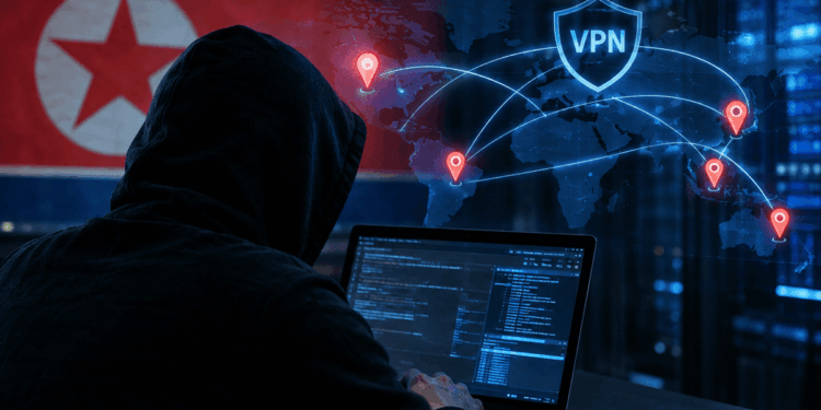 hacker con computadora portatil y una bandera de Corea del Norte de fondo