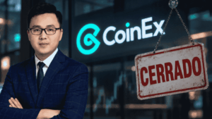 Foto de Yang, logo de CoinEx y un cartel genérico de tienda cerrada.