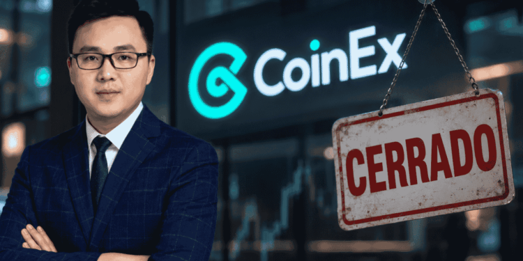 Foto de Yang, logo de CoinEx y un cartel genérico de tienda cerrada.