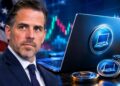 Retrato de Hunter Biden junto a una computadora portátil abierta y monedas digitales con iconos de portátiles.