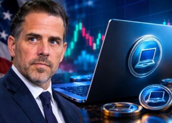 Retrato de Hunter Biden junto a una computadora portátil abierta y monedas digitales con iconos de portátiles.