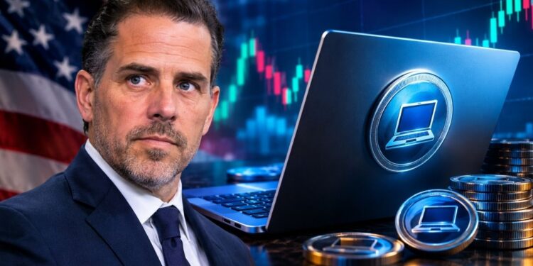 Retrato de Hunter Biden junto a una computadora portátil abierta y monedas digitales con iconos de portátiles.