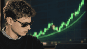 Fotografía de Ignacio Moreno de Vicente en primer plano y gráfico genérico de bitcoin subiendo de precio en el fondo.